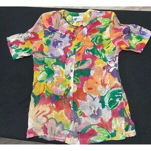 Top Notch Vintage Floral Cotton Blouse Short Sleeve Button Front Multi Color M